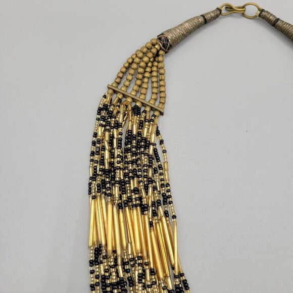 Multi-Strand Bib Necklace Glass Beads Gold Black Single Blue Bead - Picture 4 of 8